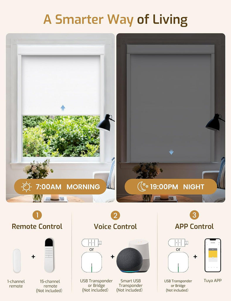 No-Drill No Tools Motorized Blinds with Remote | 34x36 White | Electric Blackout Smart Roller Shade/APP/Voice Control