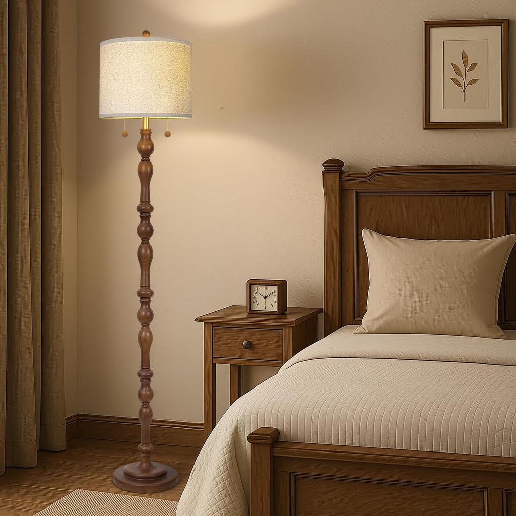65.5" Natural Real Wood Floor Lamp with Dual Pull Chains Switch