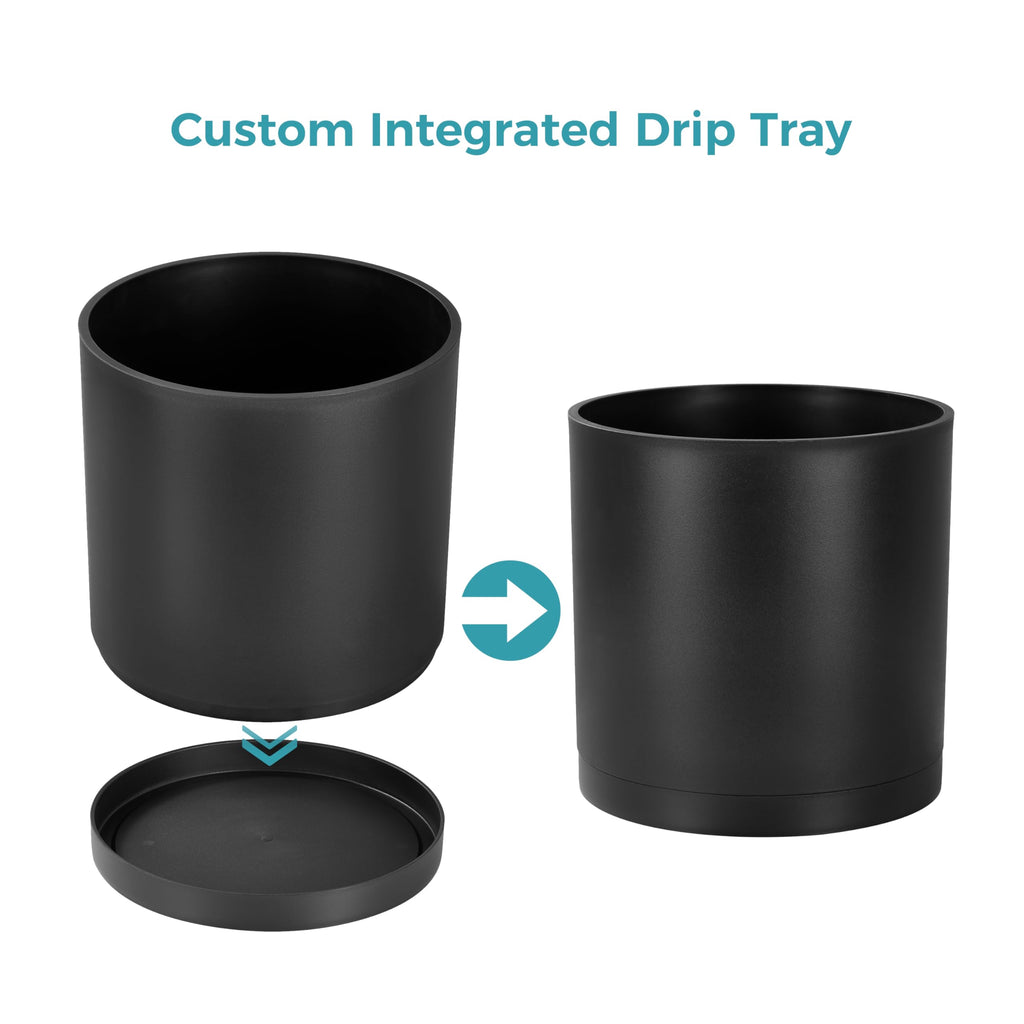 12-Inch Large Modern Cylinder Planter, Thick-Walled Plastic Plant Pot with Drainage Holes and Detachable Saucer