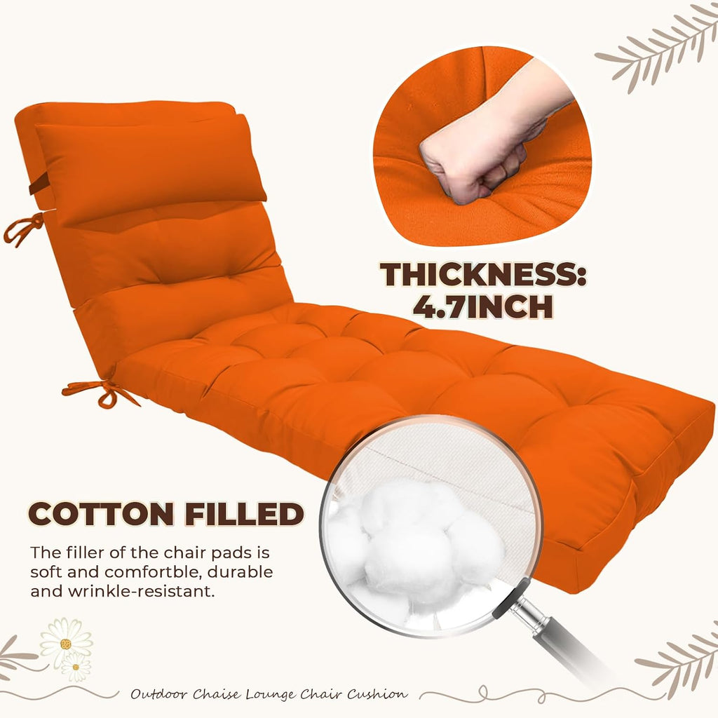 Waterproof Lounge Chair Cushion Outdoor for Chairs, Fade Resistant Chaise Lounger Replacement Cushions with 6 Ties