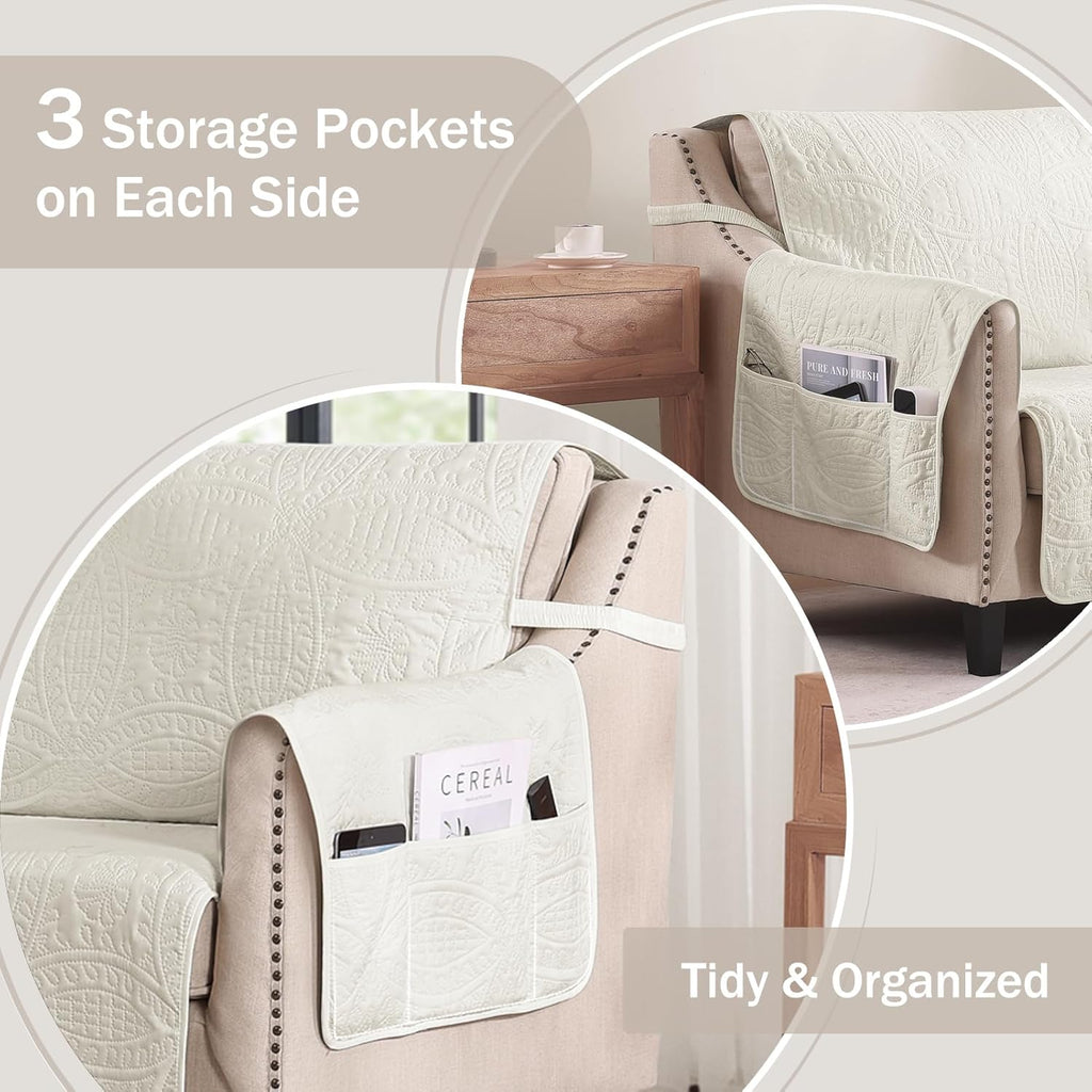 Soft Quilted Couch Cover with Pockets for Extra-Large Sofa, Anti-Slip Sofa Covers Washable for 3 Cushion Pet Friendly