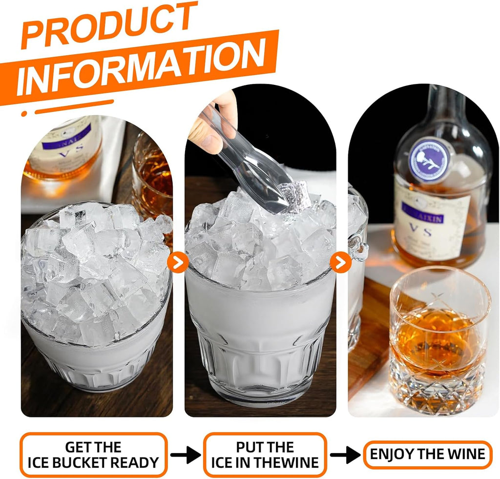 Crystal Ice Bucket with Handle & Tongs-1.1 L Plastic Clear Champagne Ice Buckets for Parties, Beer, Wine, Drinks - Set of 2