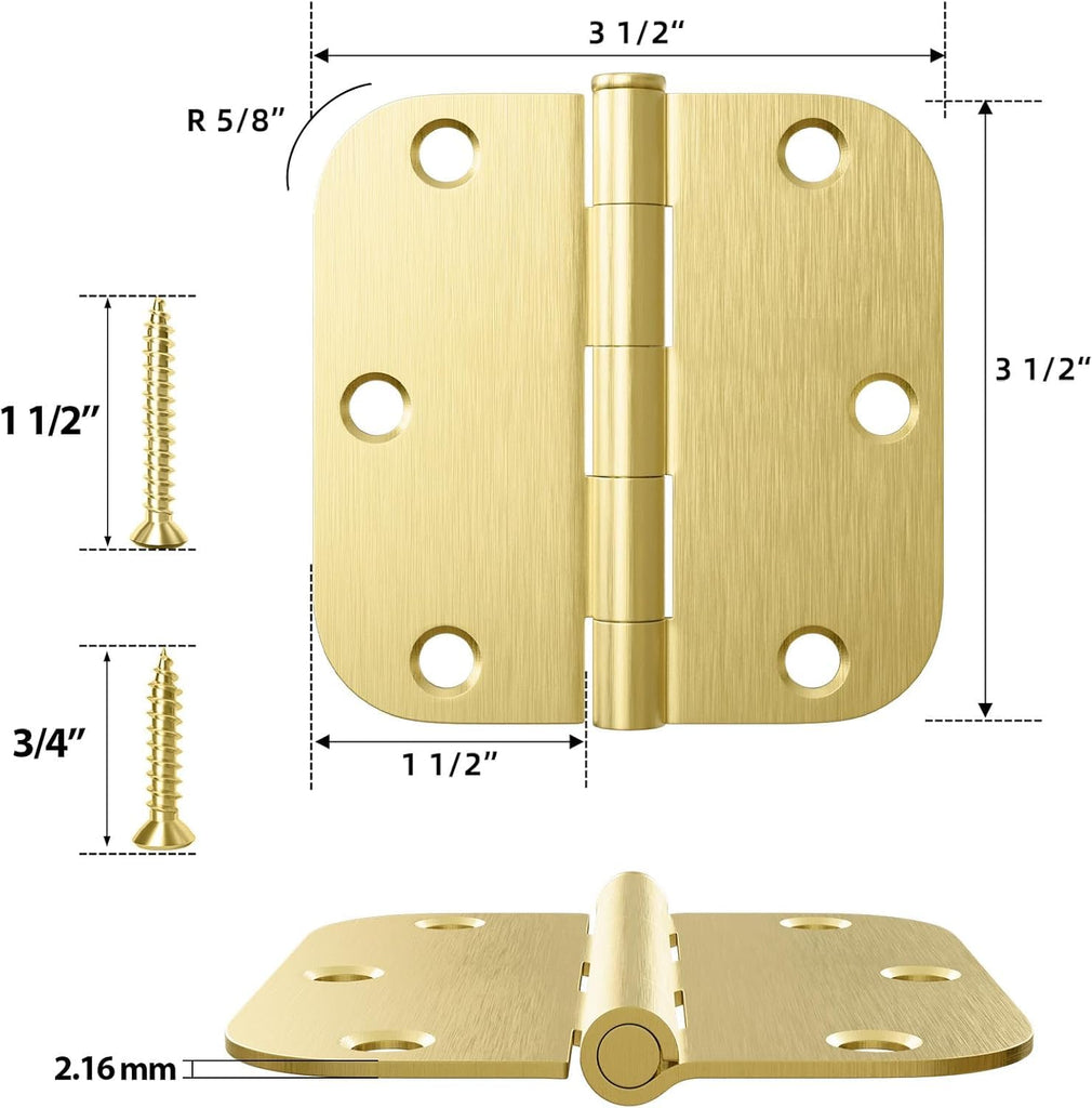 12 Pack Brushed Brass Door Hinges 3.5 Inch Gold Door Hinge with 5/8" Radius Corners Interior Door Hinges 3 1/2" Satin