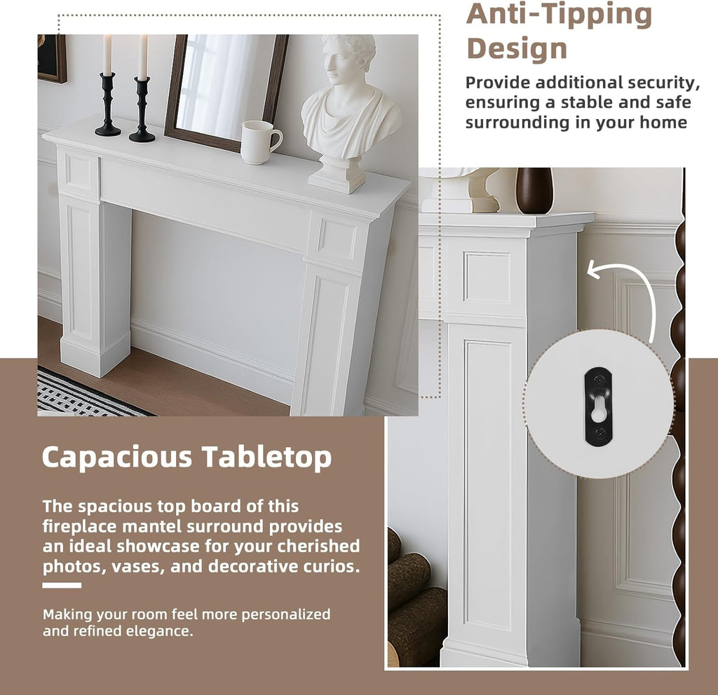 Modern Surround, White Freestanding Surround Mantel for Electric Fireplaces, Premium MDF Wooden Mantel with Leg for