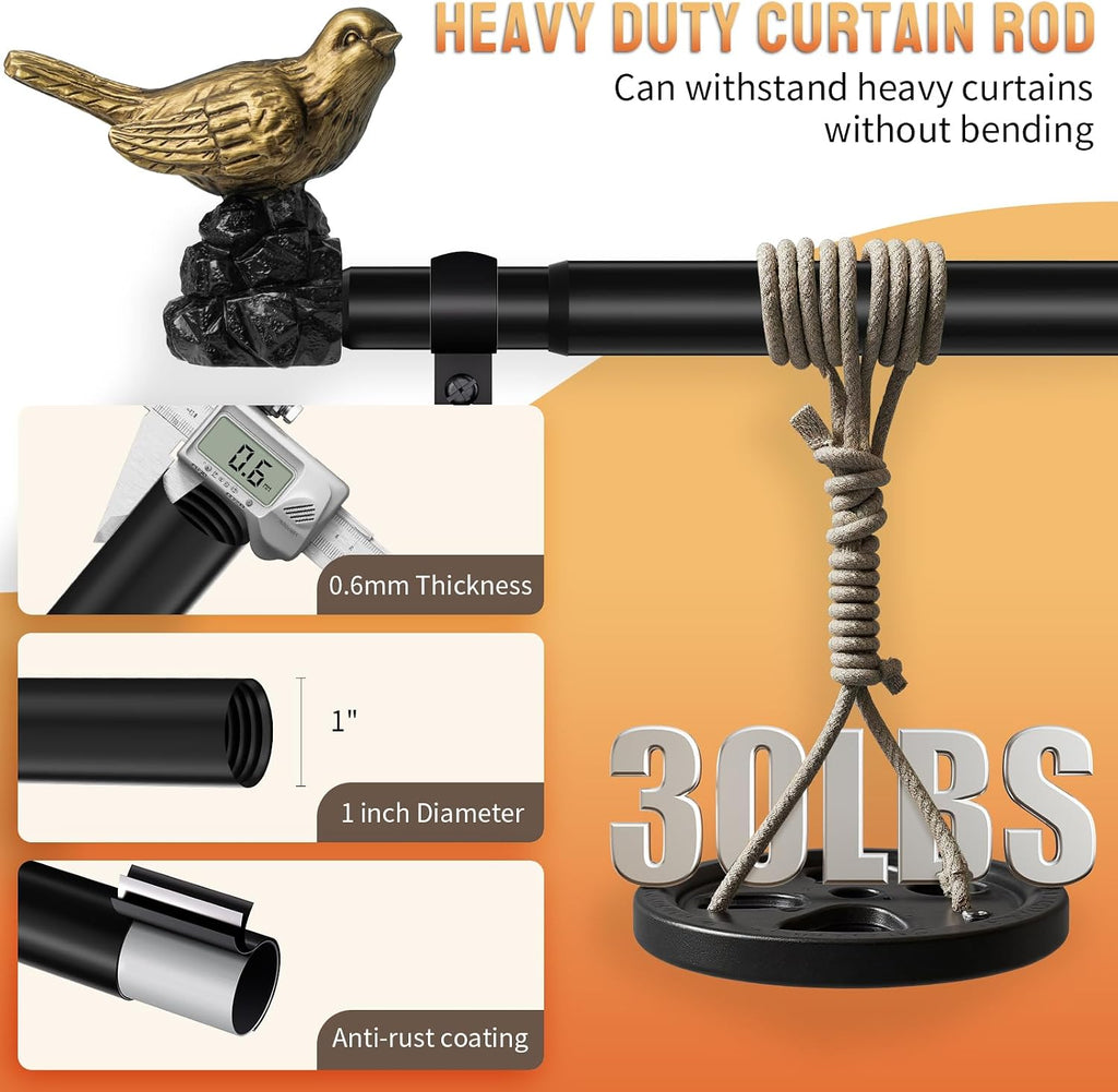 Bird Curtain Rod 18-45 Inch Black Curtain Rod with Gold Bird Finials Adjustable Heavy Duty Vintage Drapery Rod for