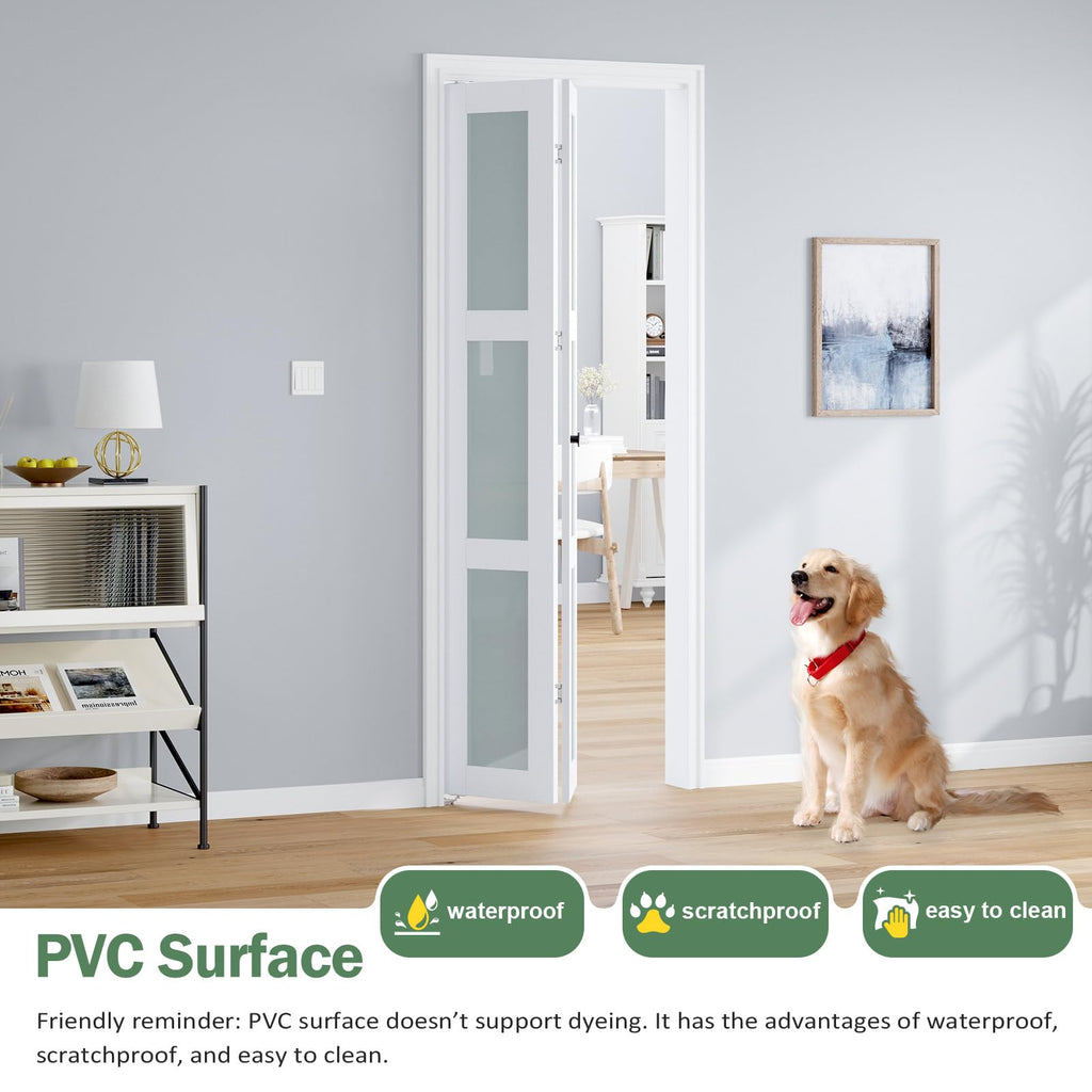 Bifold Doors for 28"×80-3/4" Opening, White Frosted Glass Folding Barn Door, Sliding Interior Wood Panel Closet
