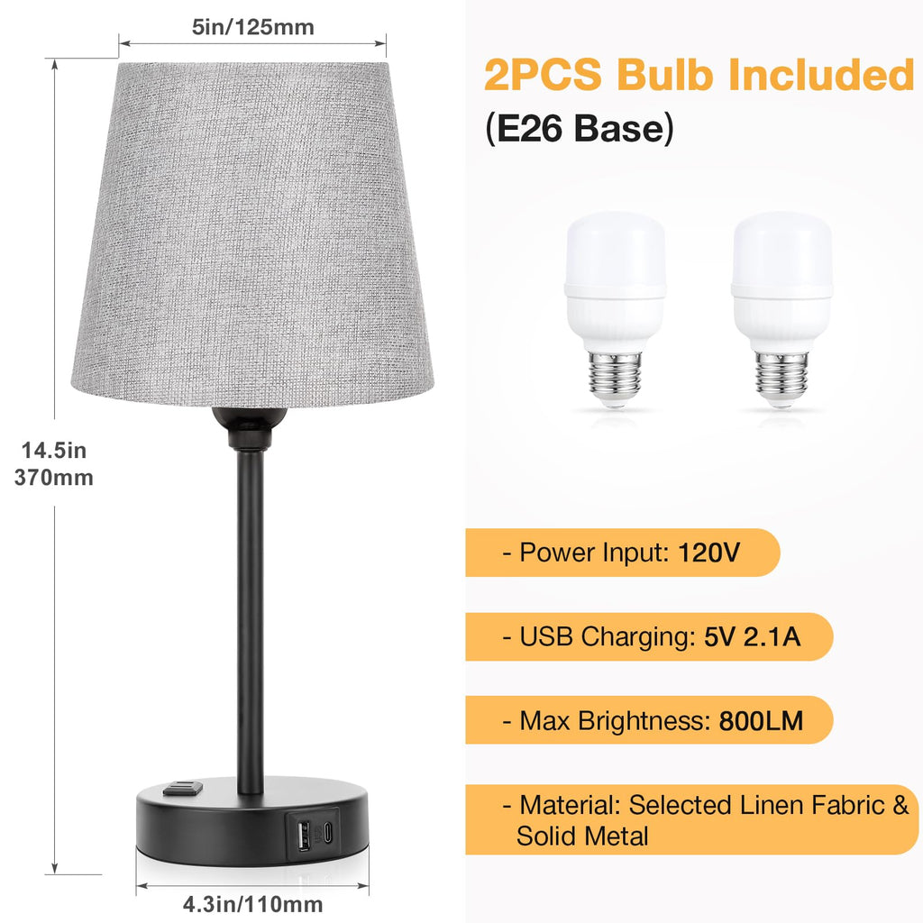 Grey Bedside Lamps Set 2 - Dimmable Touch, USB C+A, AC Outlet