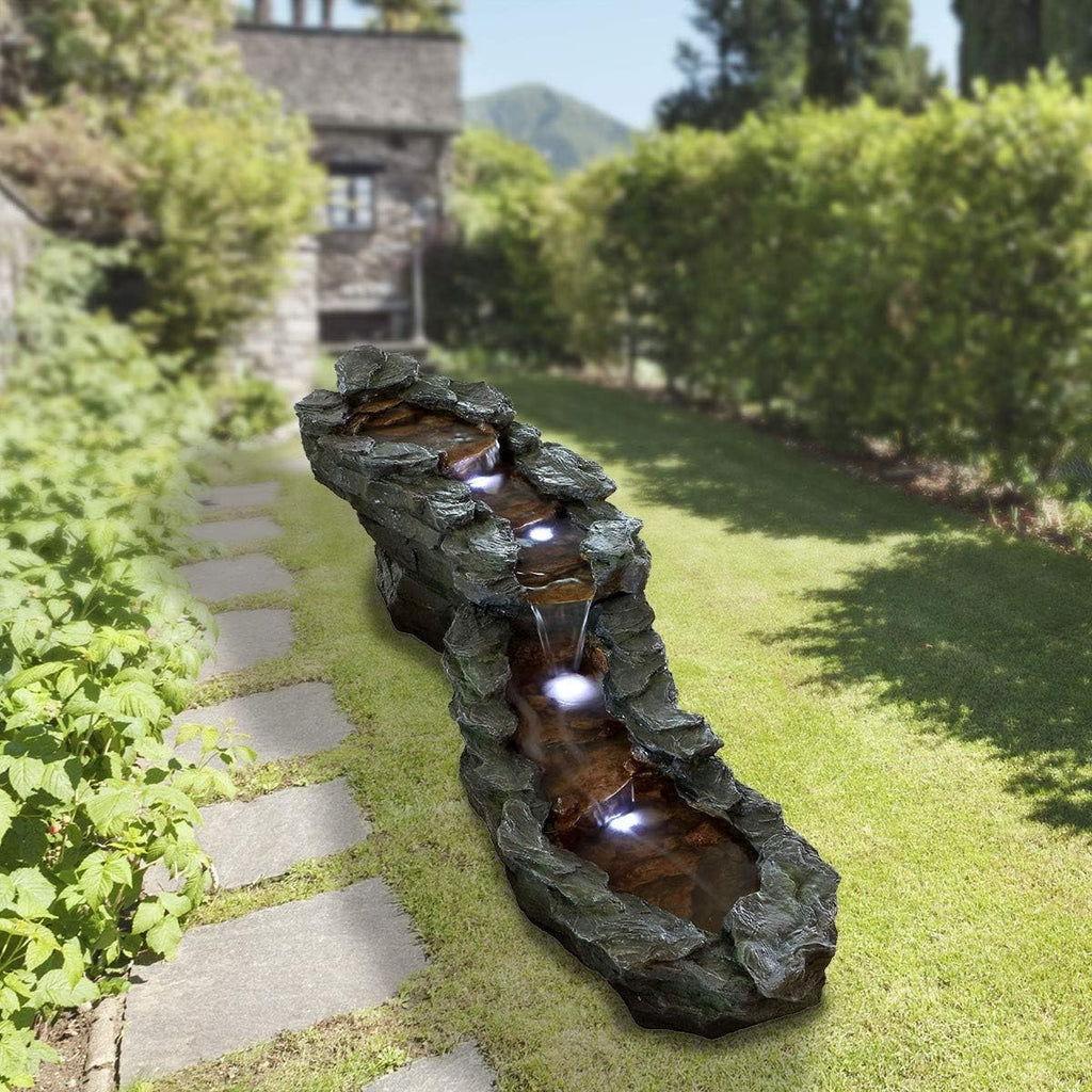 76"L Outdoor Tiered Rocky River Stream Water Fountain - Color-Changing LED Lights Décor - Brown Finish