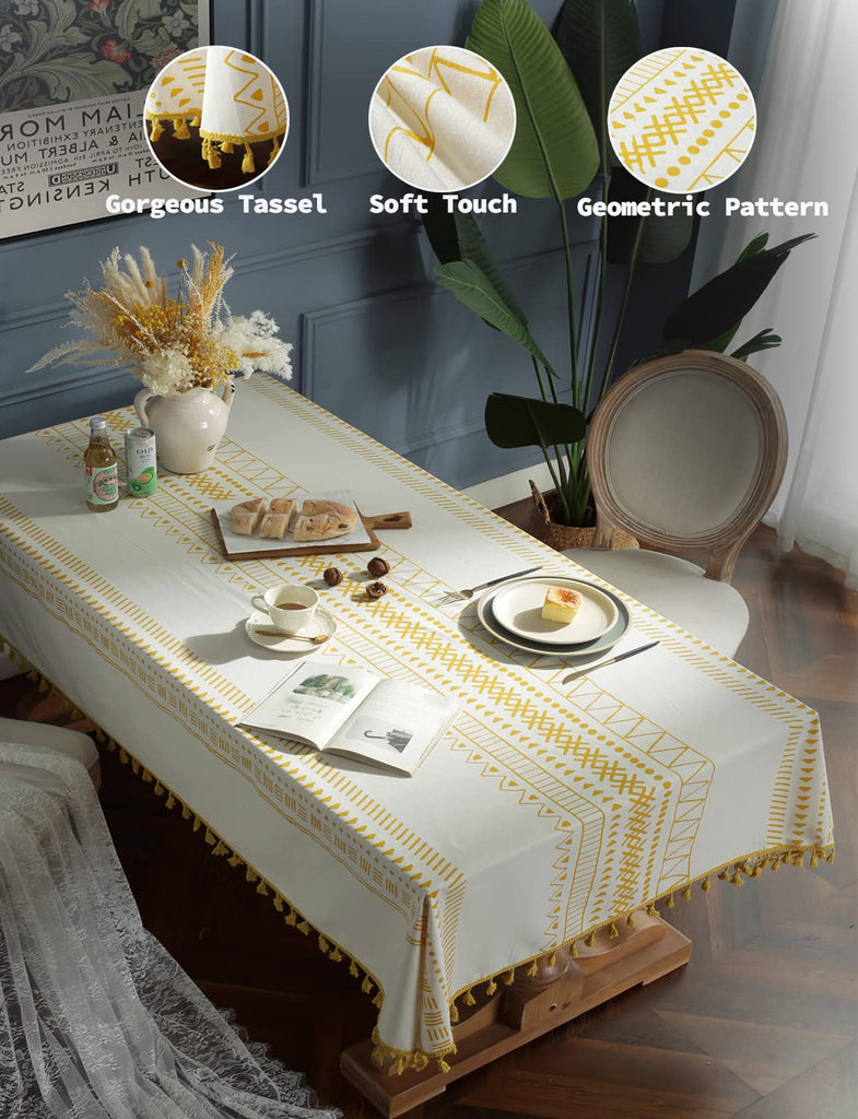 Cotton Linen Rectangle Tablecloth with Boho Tassel