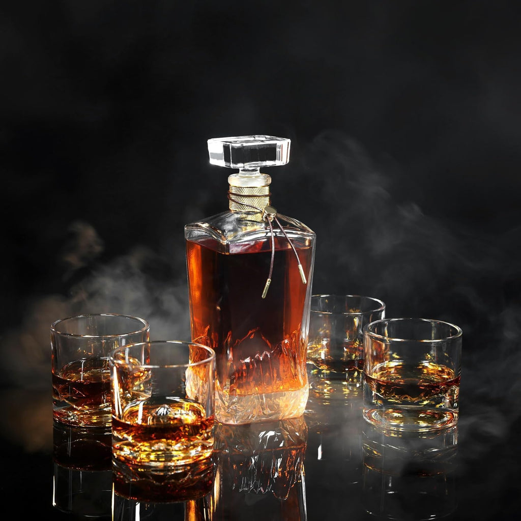American Peaks Whiskey Decanter Set with 4 Heavy Glasses - Mens Gift - Set of 5