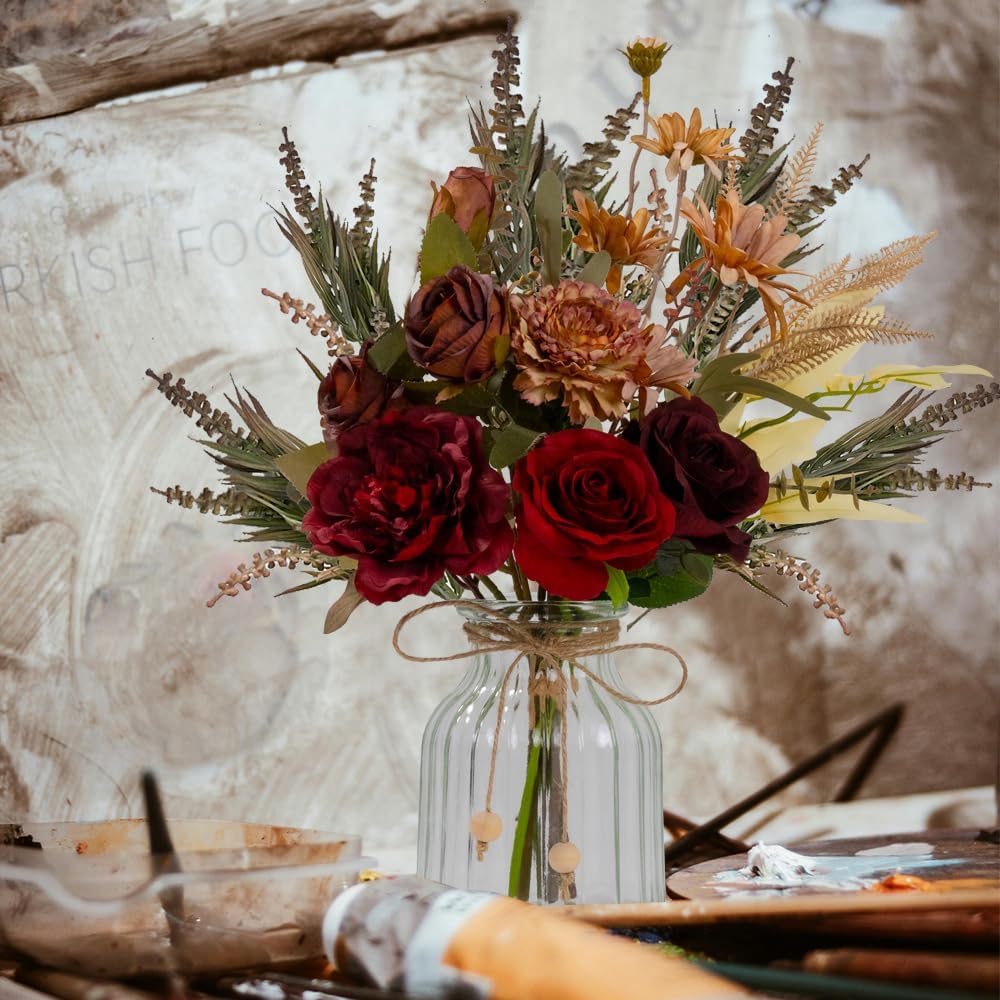 Dahlia Flower Aritificial Flower with Vase Fake Silk Flowers in Glass Vase Faux Rose Flowers Arrangement Table