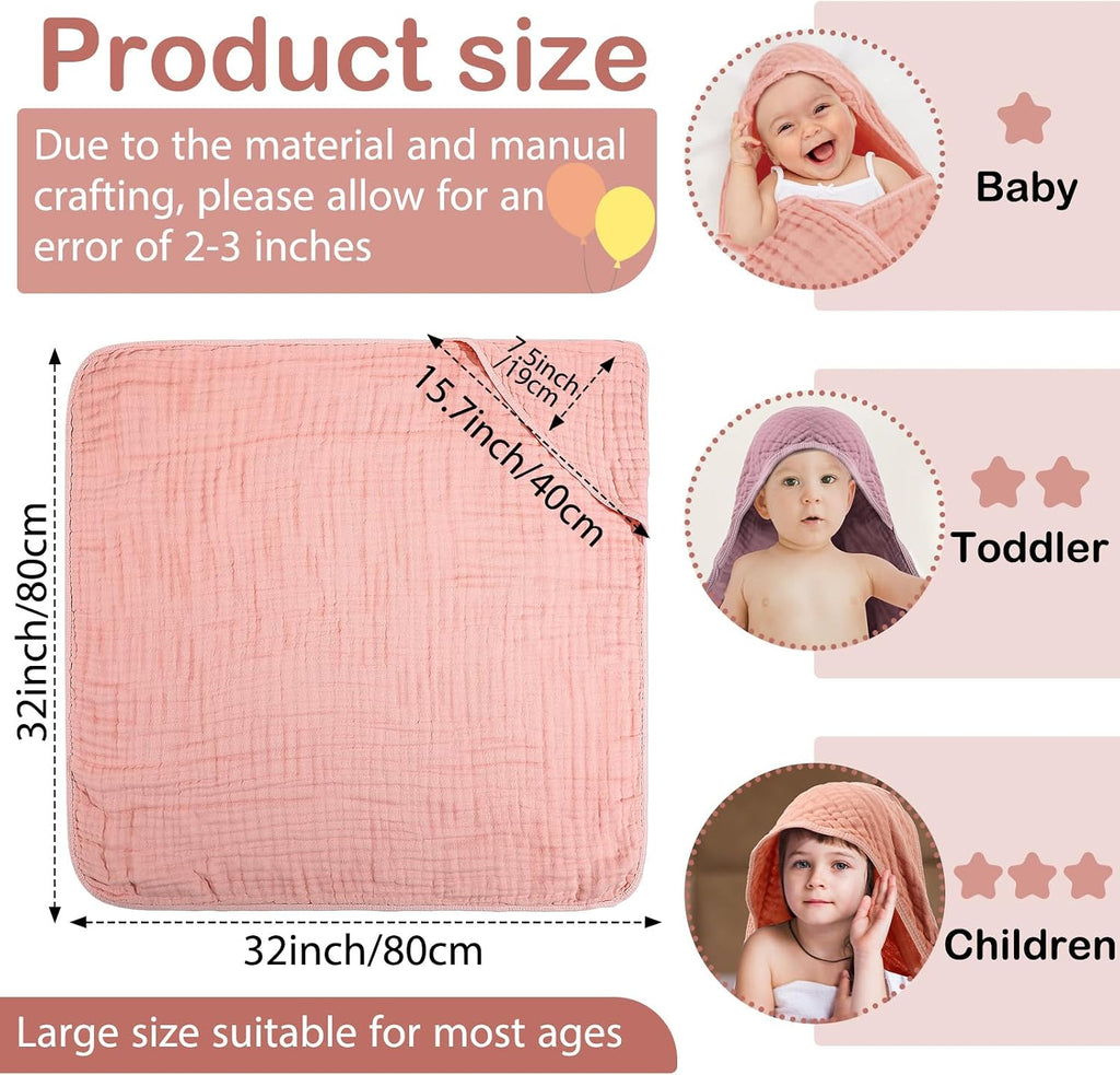 6 Pcs Muslin Hooded Baby Bath Towel and Washcloth Set,Pink, Rose