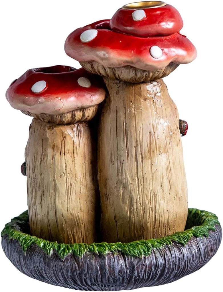 Whimsical Toadstool Mushroom Backflow Incense Burner with Faces, Red and White Polka Dot Design, Garden Gnome Style