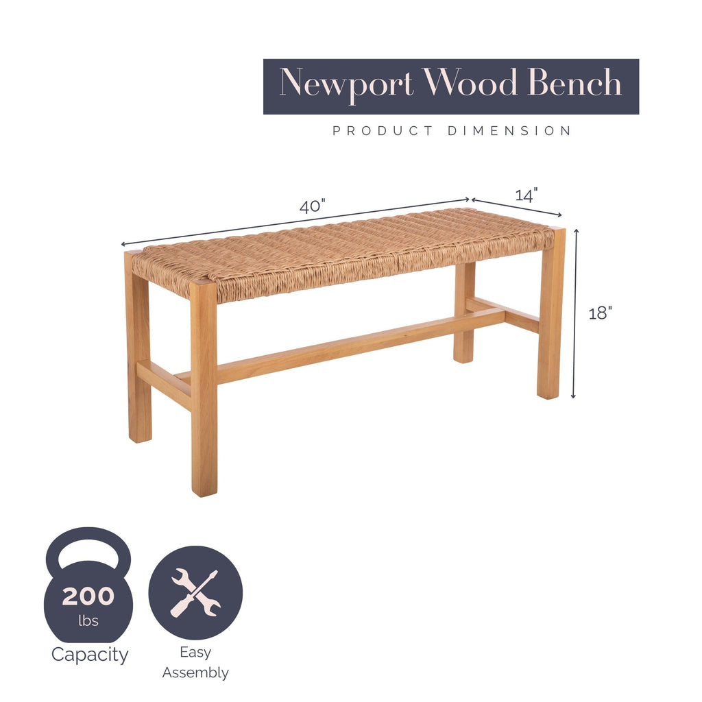 Newport Solid Wood Entryway Bench with Woven Rope Seat, Light