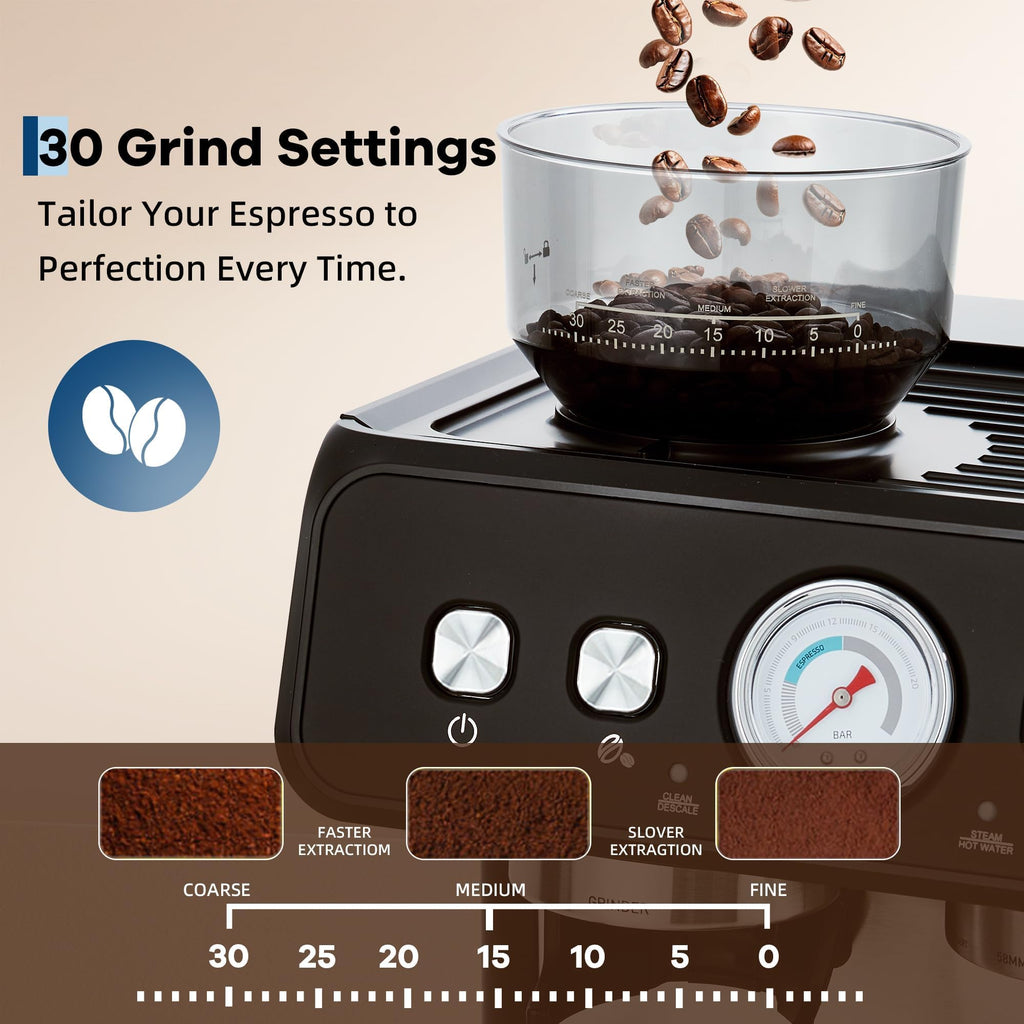 20 Bar Espresso Machine with Grinder & Steam Wand, Stainless Coffee Maker