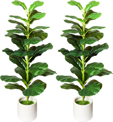 Artificial Fiddle Leaf Fig Tree, 35" Faux Ficus Lyrata Plant with Pot, Floor Plant Outdoor Artificial Plant - Set of 2