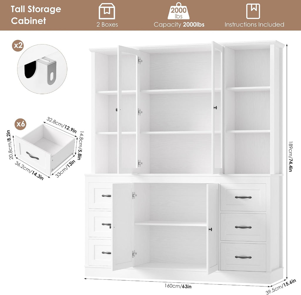 74.4''Hx63''W Large Pantry Cabinet,Kitchen Hutch Cabinet with Storage | Large White Bookcase with 6 Storage Drawers