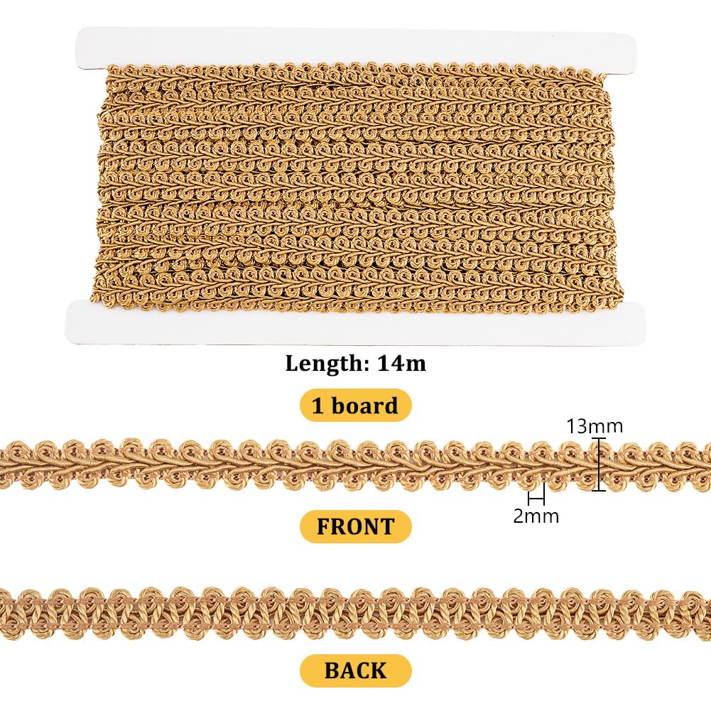 Golden Gimp Braid Trim 1/2 inch Gold Polyester Woven Fabric Lace Upholstery Trim for Sewing Costume DIY - 15 Yards