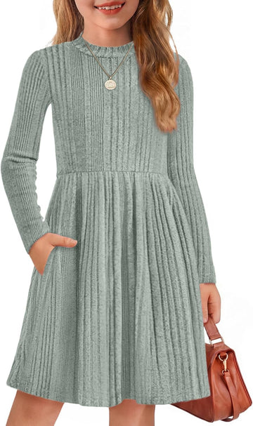 Girls Dresses Long Sleeve A Line Knit Sweater Dress with Pockets