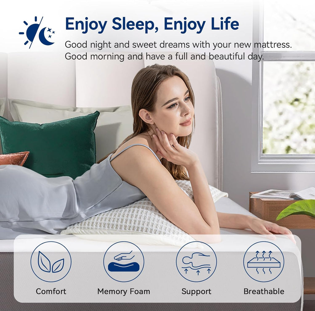 Memory Foam Mattress, Soft Plush Feel, Breathable, 12 Inch, Queen, White/Grey