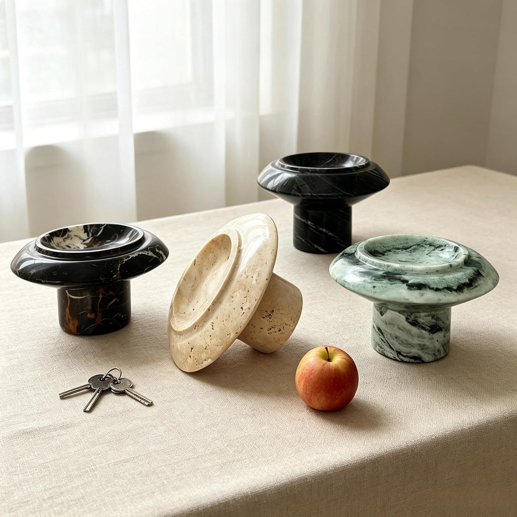 Yellow Travertine Natural Marble Mushroom Pedestal Tray 6.69" x 6.69" x 3.94", Footed Decorative Catchall Bowl