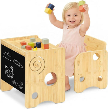 Toddler Table and Chair Set, Bamboo Kids Table and Chair Set with Chalkboard, 3 in 1 Baby Table and Chair for Ages