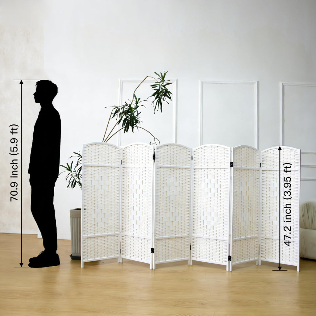 6 Panel Rattan Divider Short Room Partition Screen, Double Sided Folding Divider for Room Separation, White, 47.2" H x