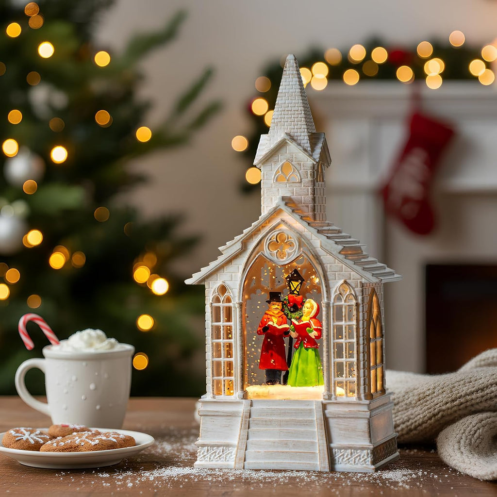 Christmas Snow Globe Lantern Musical Carolers Lighted Water Church, USB Lined/Battery Operated Lighted Lantern