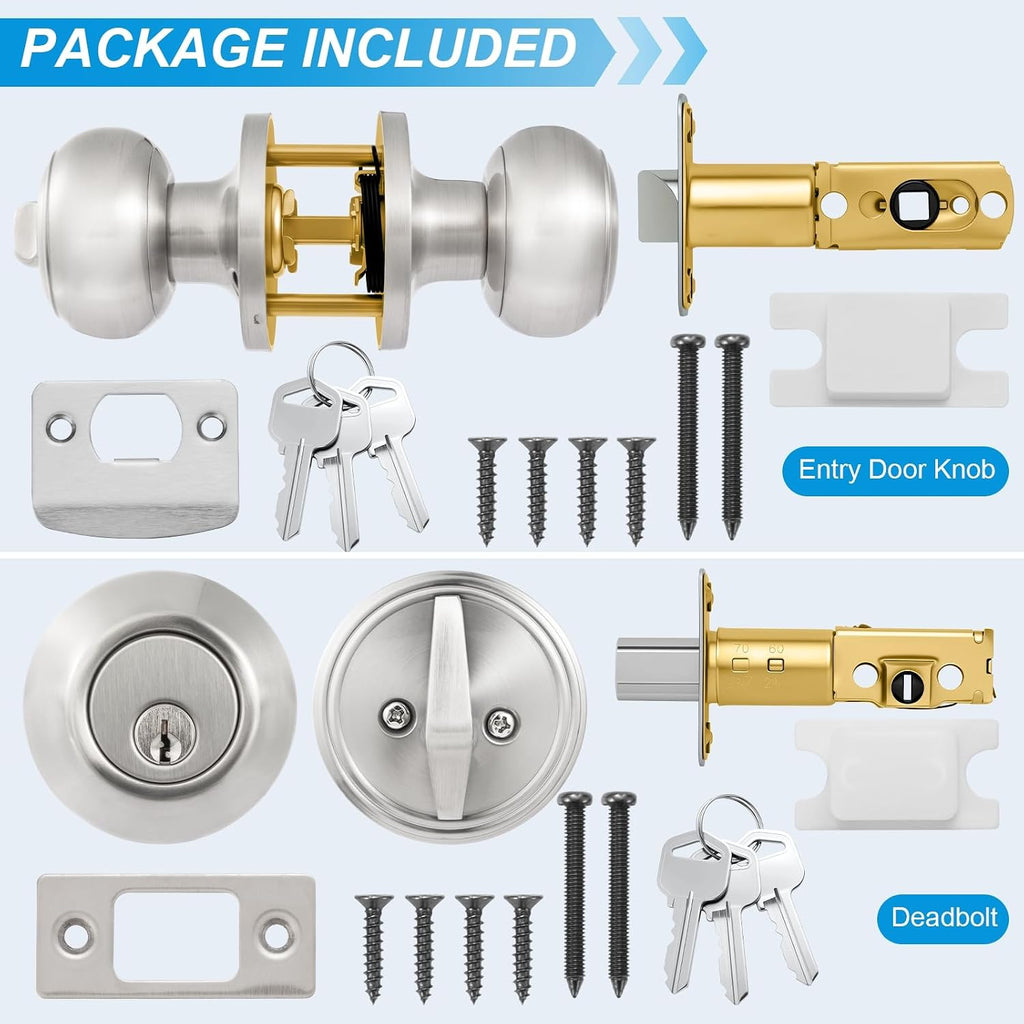3 Pack Entry Door Lock and Single Cylinder Deadbolt Combo Set, Keyed Alike Satin Nickel Exterior Door Knobs with