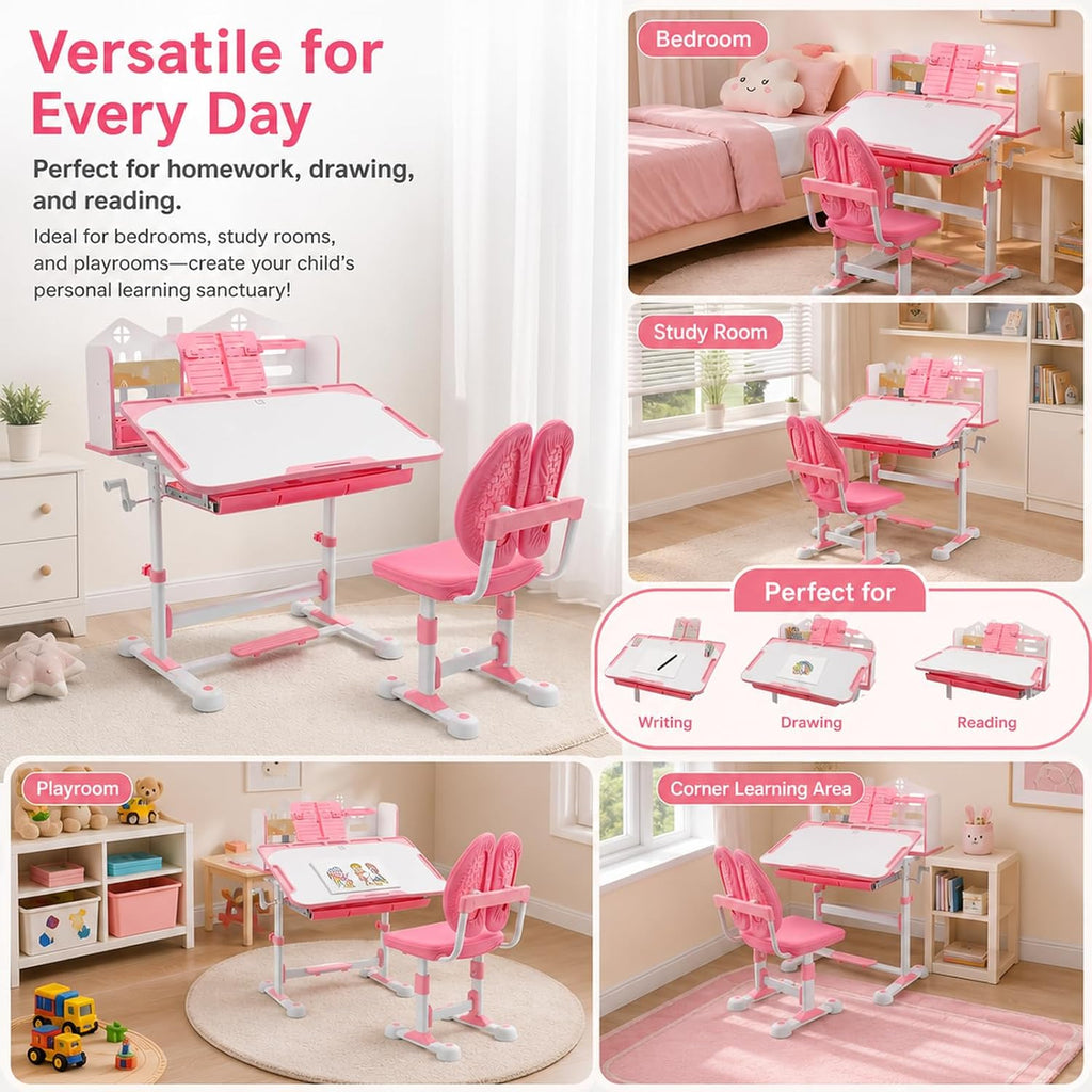 Kids Study Desk and Chair Set with Drawers, Adjustable Height Desk,Pink