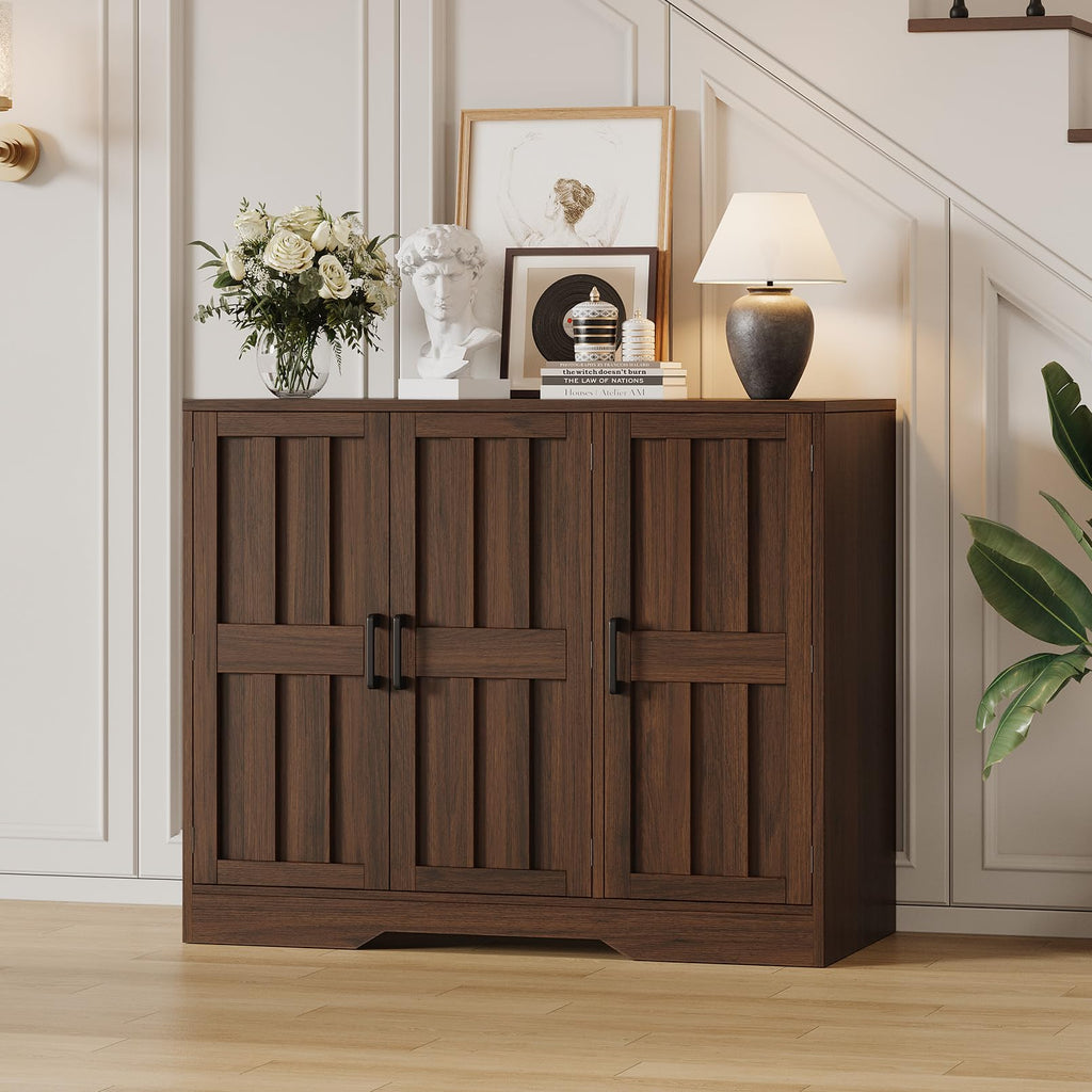 Modern Farmhouse Buffet Cabinet with Storage, 42" Large Sideboard Storage Cabinet with 3 Barn Doors, Coffee Liquor