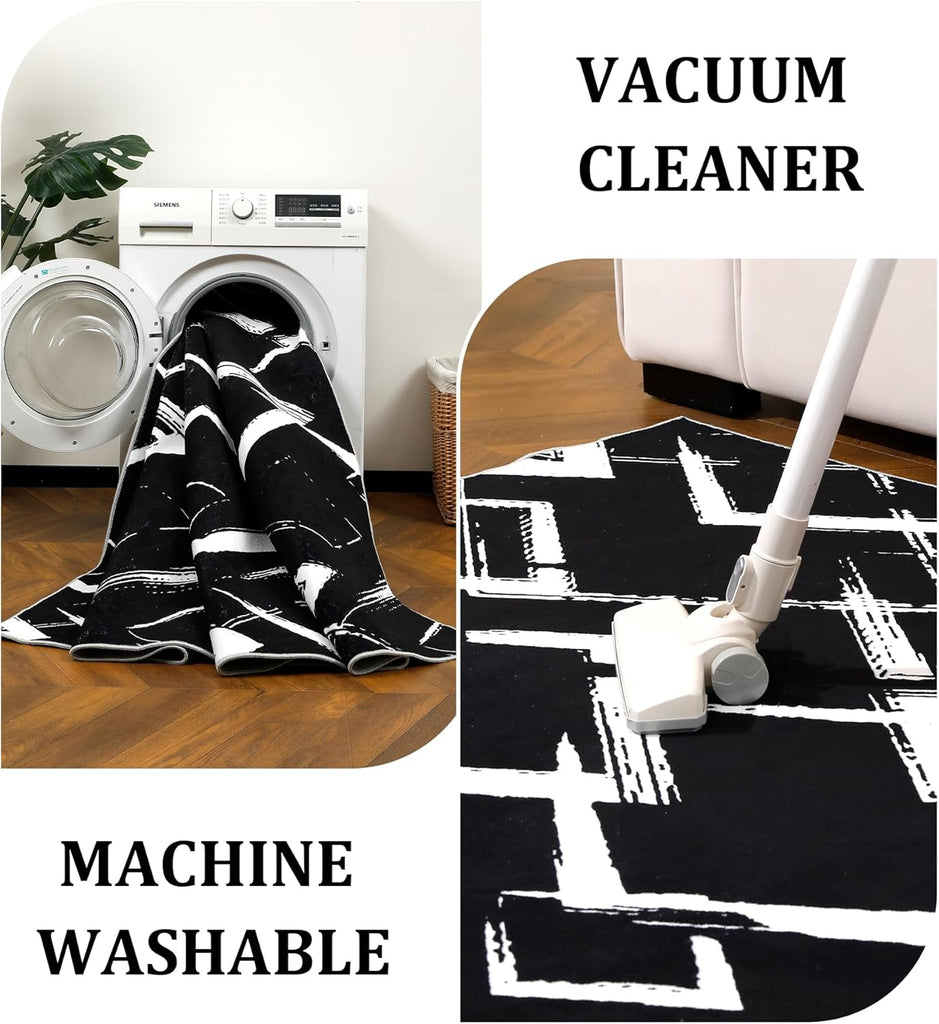 Black Modern Geometric Area Rug 8x10, Black and White Rug with Abstract Diamond Patterns,Non-Shedding Washable Rugs