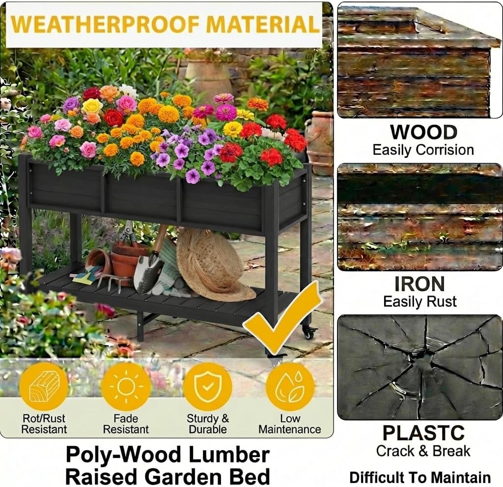 47x18x31in Raised Garden Bed Outdoor HDPE with Legs and Lockable Wheels, Weather-Resistant Poly-Wood Elevated Planter