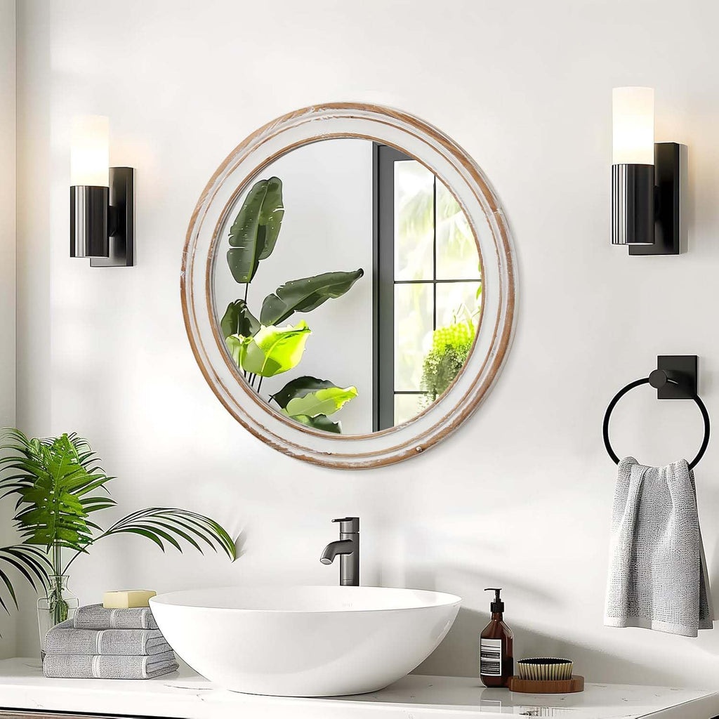 Round Wall Mirror with Distressed Wood Frame, Rustic Farmhouse Style, Ideal Decor (35.43x35.43)