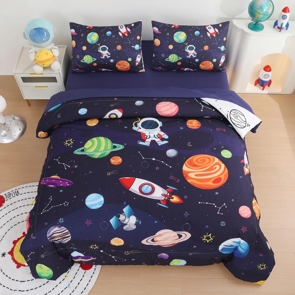 Boys Full Bedding Set Space Bedding - 5 Piece Comforter Set Full, Rocket and Planet Galaxy Comforter for All-Season