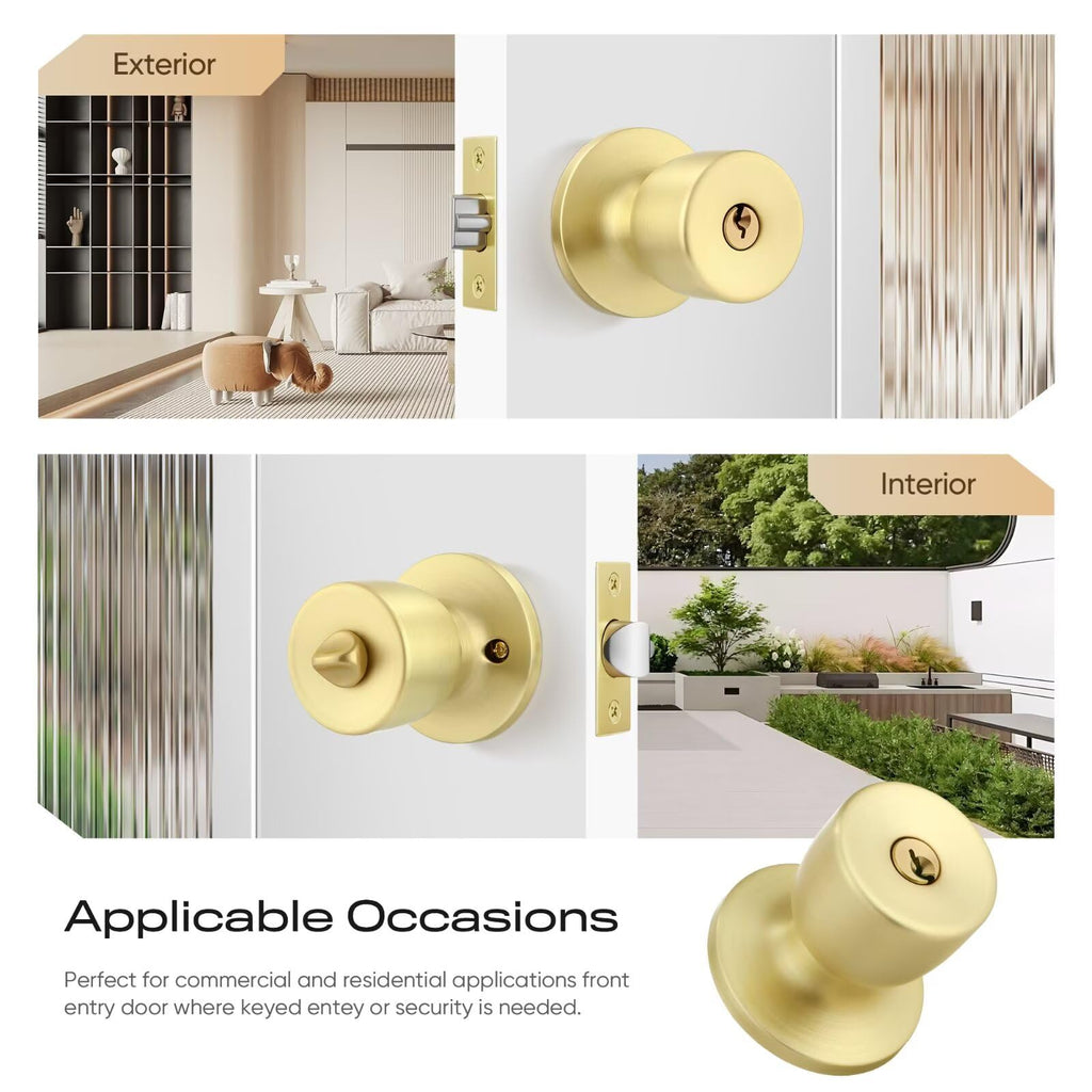 4 Pack Keyed-Alike Stainless Steel Door Knob Lock Gold Door Knobs with Keys, Adjustable 60-70mm Backset for 35-45mm