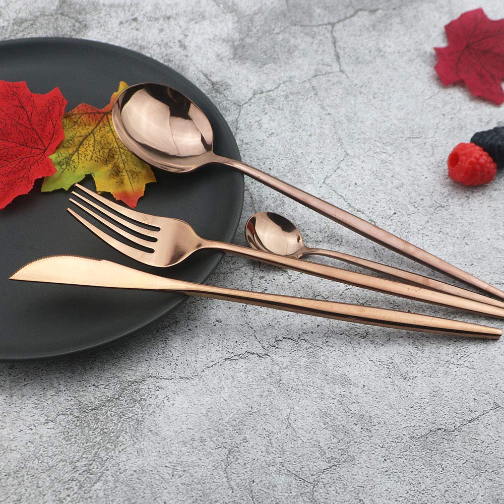 32 Pieces Stainless Steel Rose Cutlery Set Home Kitchen Silverware Set, Mirror Polished, Knife/Fork/Spoon, Modern