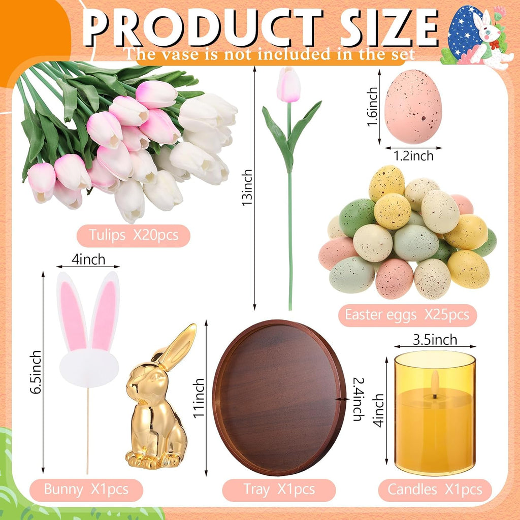 Spring Easter Centerpiece Table Decorations Pastel Eggs Artificial Tulips Bunny Statue Wooden Round Tray LED Candle - Set of 50
