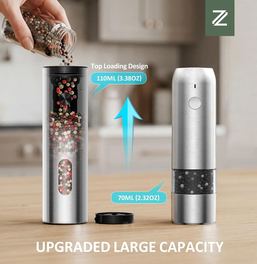 Rechargeable Electric Salt and Pepper Grinder Set with USB-C Charging Base, Stainless Steel Automatic Salt and Pepper - Set of 2