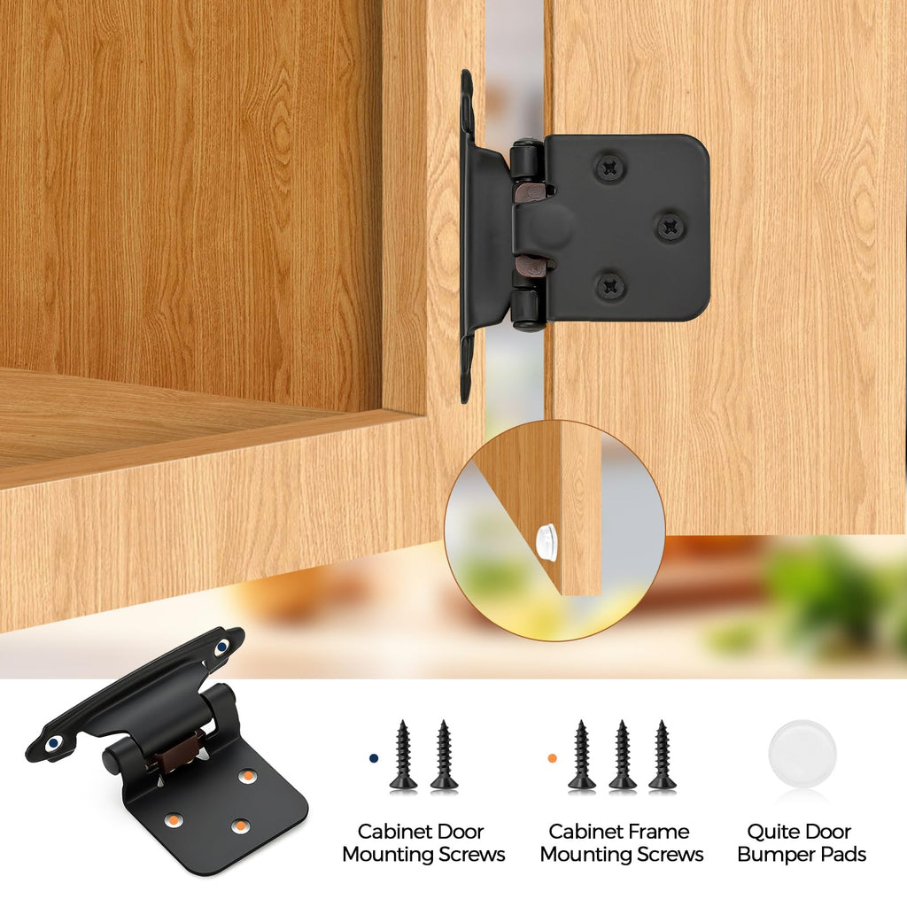 Matte Black Cabinet Hinges, 1/2 Inch Overlay, 20 Pack(10 Pairs)