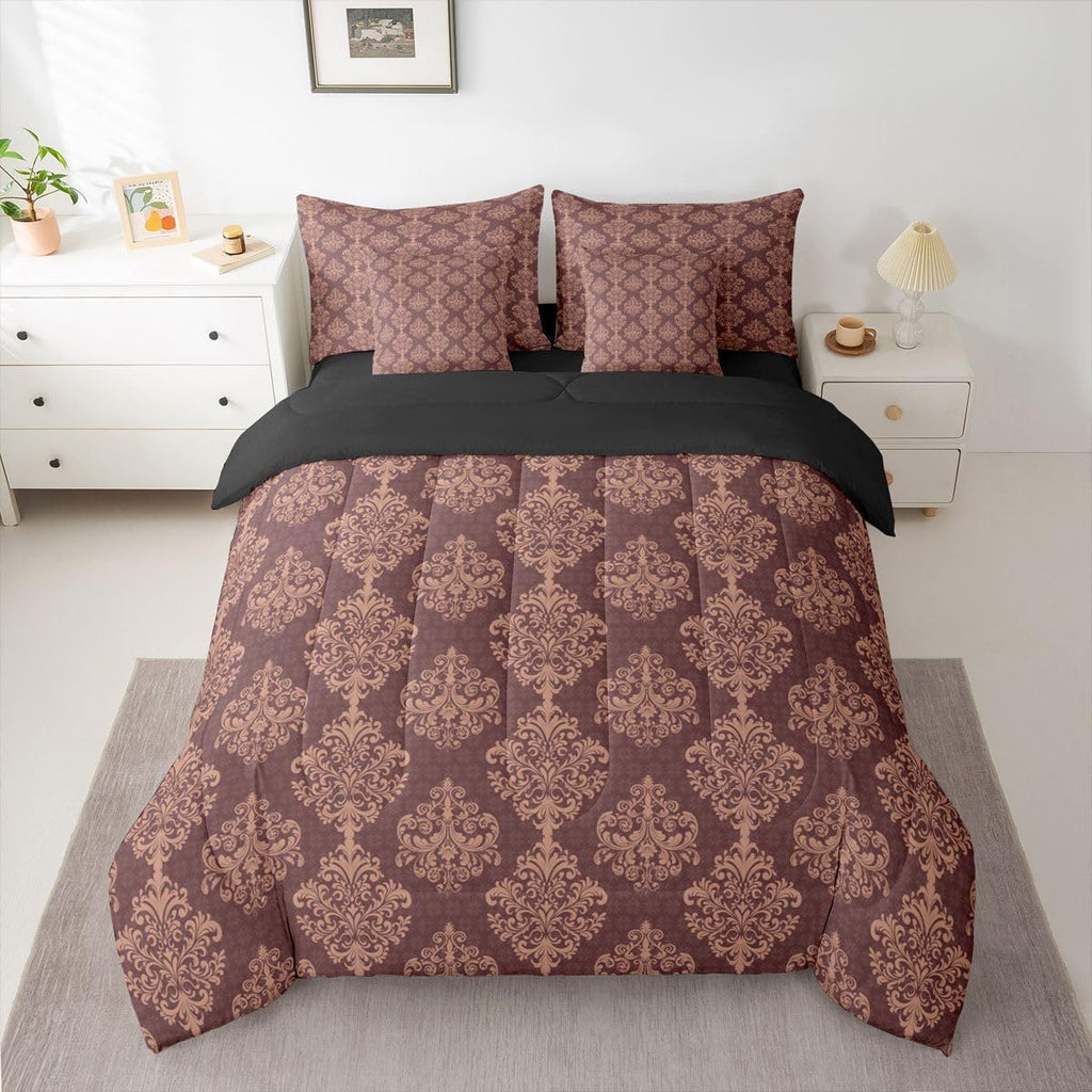 Brown Gothic Comforter Set with Sheets 7 Piece Exotic Floral Damask Bed in A Bag Baroque Vintage Flowers