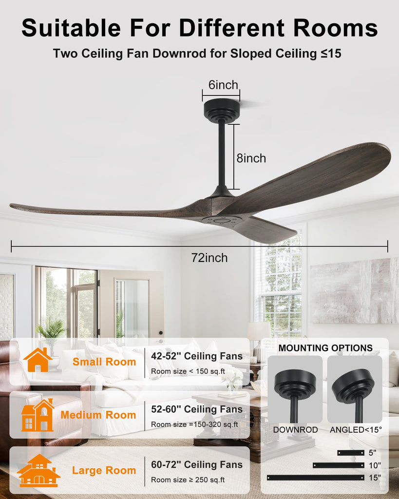 72" Ceiling Fans without Lights, Wood Large Ceiling Fan no Light with Remote Voice Control Alexa, 3 Blade Propeller s