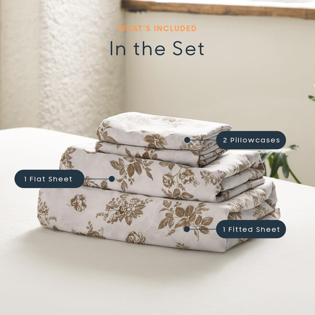 Floral Bed Sheets, 4-Piece Sheet Set, Shabby Chic Botanical Coquette Cottagecore Vintage Flower Pattern Printed
