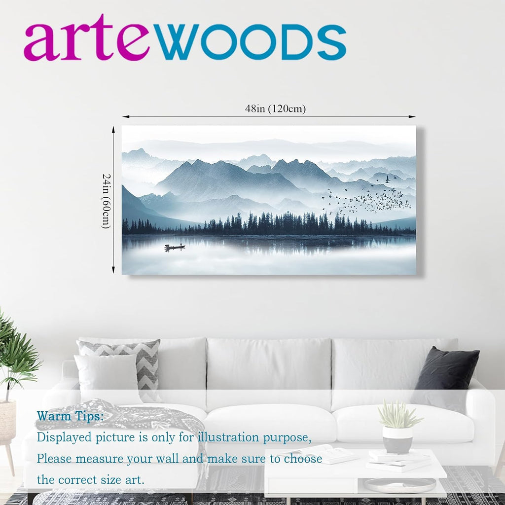Indigo Canvas Wall Art Misty Mountain Wall Pictures Foggy Lake Boat Painting Prints Forest Birds Artwork Wall Decor