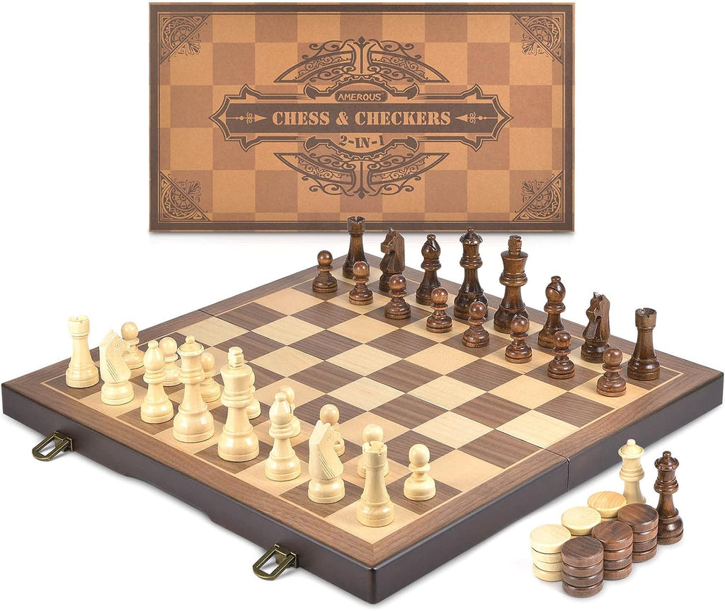 Magnetic Wooden Chess and Checkers Game Set, 15 Inches (2 in 1) Chess Board Games, 2 Extra Queens - Gift Package