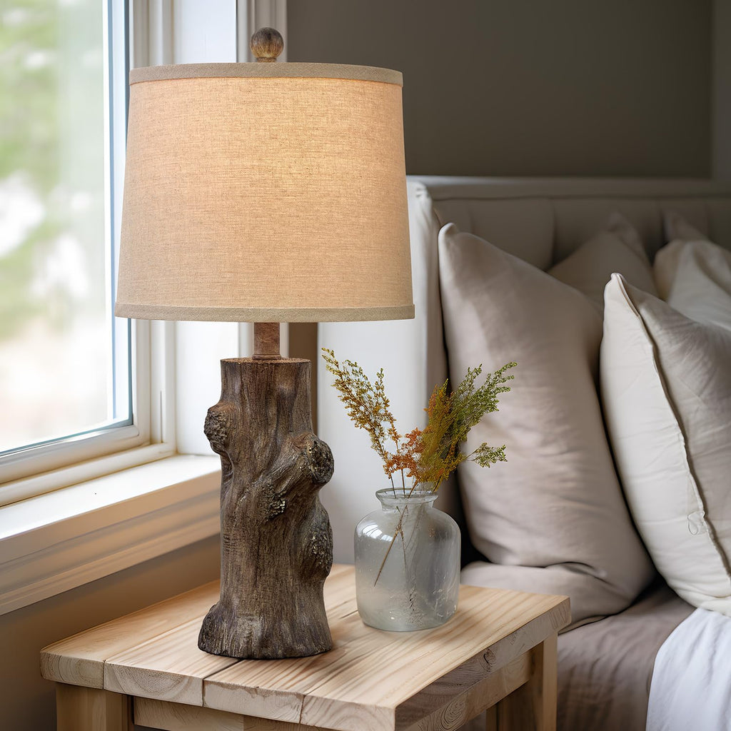 23"Resin Table Lamps Set of 2 Country Cottage Farmhouse Lamp Tree Trunk Wood Grain with Oatmeal Fabric Round Shade