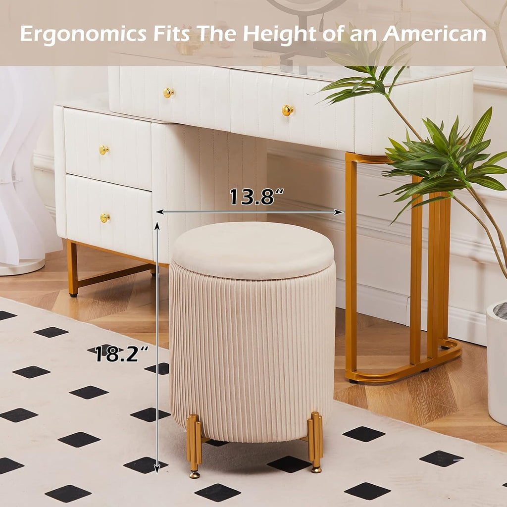 Round Ottoman Foot Stool with Storage and Metal Legs Bedroom, Velvet Upholstered Footrest Stool Support 300lbs Modern