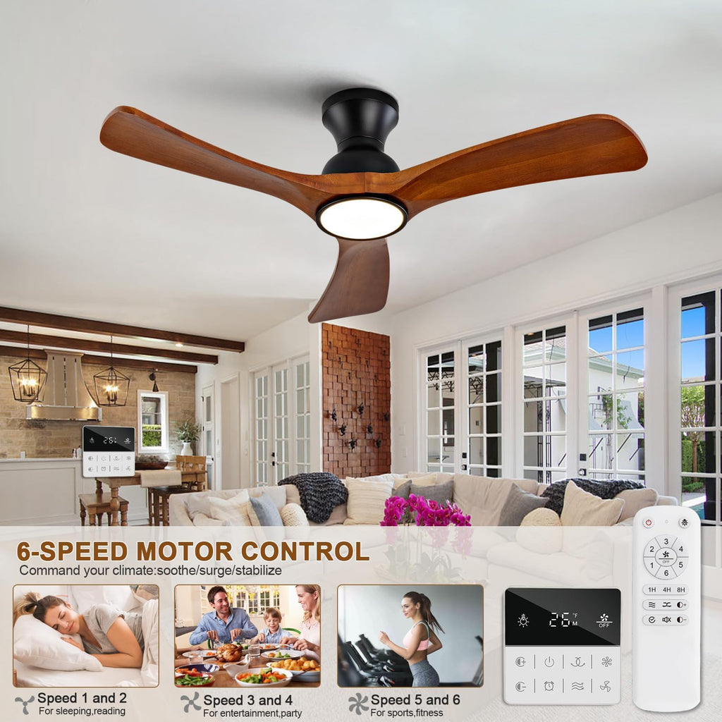42 inch Flush Mount Ceiling Fans with Lights, Remote Control, Wall Switch, Solid Wood Blades, Dimmable, 6 Speeds
