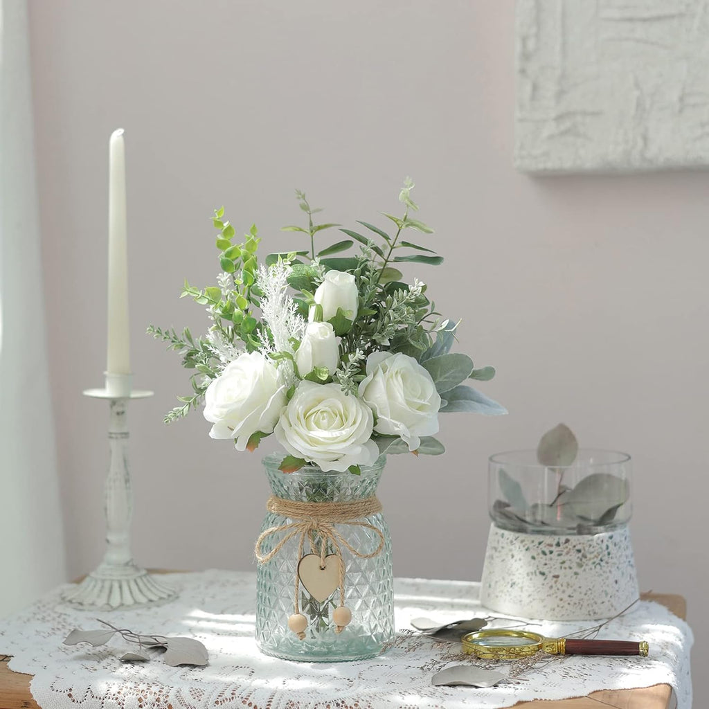 14.5" Faux Flowers with Vase,Artificial Silk Roses in Vase(White) | Realistic Fake Plant Faux Eucalyptus,Flower