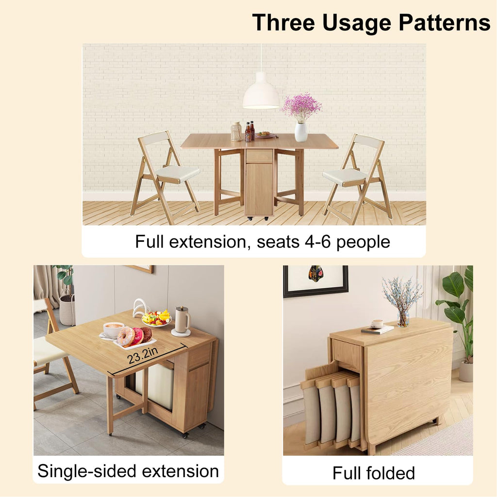Folding Dining Table Set, Saving Space Extendable Drop Leaf Table